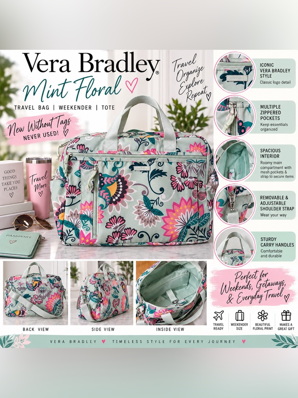 Vera Bradley Mint Floral Weekender Travel Bag NWOT